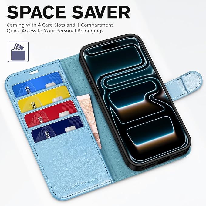 TUCCH Case Wallet for iPhone 17 Pro (6.3-Inch) 2025, RFID Blocking 4 Card Slots, Kickstand, Magnetic Closure, PU Leather, Shockproof TPU Shell, Protective Flip Cover, Pearly Light Blue