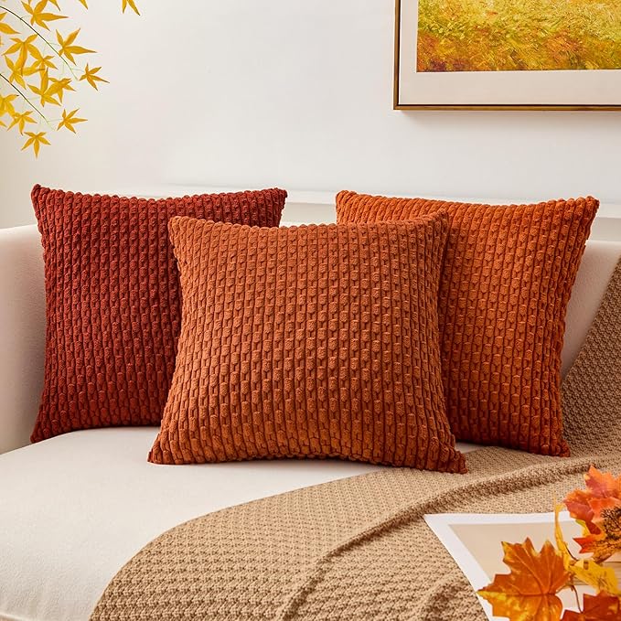Kevin Textile Fall Set of 2 Striped Textured Velvet Corduroy Decorative Europe Sham Seasonal Autumn Throw Pillow Cushion Cover for Couch (60x60 cm 24 Inch) Burnt Brick