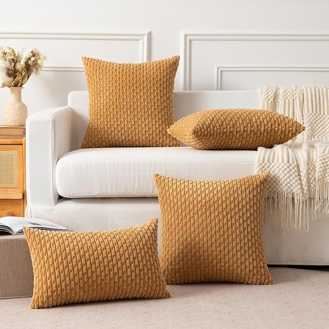 Kevin Textile Throw Pillow Covers Soft Corduroy Decorative Set of 2 Boho Striped Pillow Covers Pillowcases Farmhouse Home Decor for Couch Bed Sofa Living Room 16x16 Inch Gold