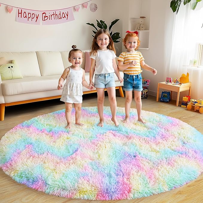 Round Fluffy Rugs 4Ft for Girls Bedroom, Rainbow Shag Circle Kids Rug Non-Slip for Bedside Dorm Nursery Playroom, Soft Cute Area Rugs for Living Room Decor