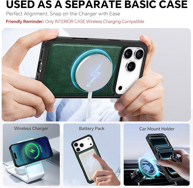 TUCCH 2-in-1 Removable Wallet Case for iPhone 17 Pro Max 6.9", Wireless Charging | RFID Blocking 4 Card Holder | Wrist Strap | Kickstand | Magnetic | PU Leather | Protective Flip Cover | Dark Green