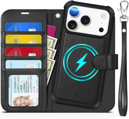 TUCCH 2-in-1 Detachable Wallet Case for iPhone 17 Pro (6.3-inch) 2025, Wireless Charging | RFID Blocking 4 Card Holder | Wrist Strap | Kickstand | Magnetic | PU Leather | Protective Flip Cover | Black