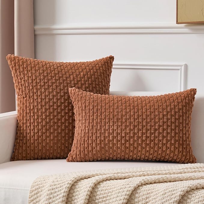 Kevin Textile Decorative Pillow Covers Set of 2 Striped Plush Corduroy Pillows Pillowcases Boho Home Decor Cushion Covers for Couch Sofa Bed Living Room 16x16 Inch, Burnt Orange