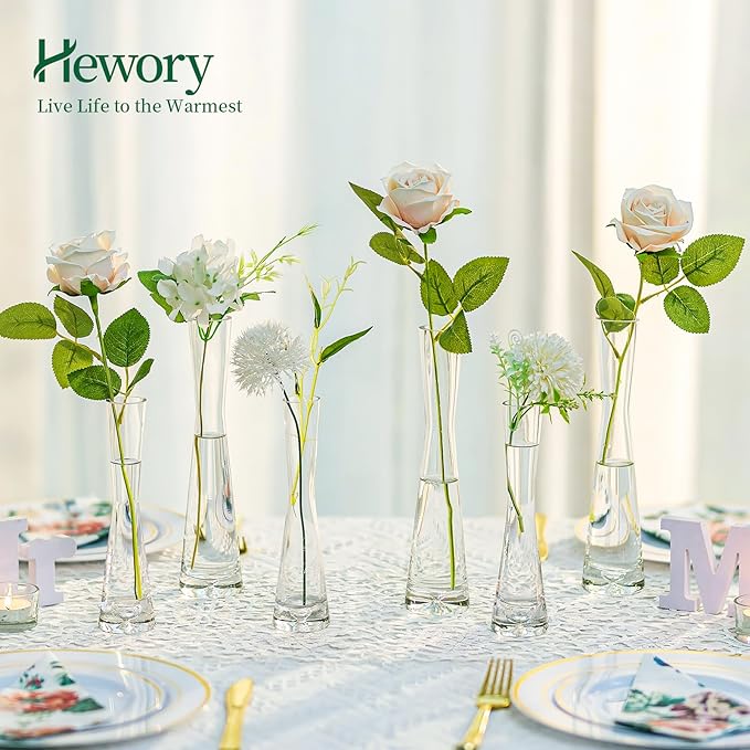 Hewory Glass Bud Vases for Centerpieces Set of 3, Handmade Modern Clear Small Skinny Decorative Single Flower Vase, Minimalist Slim Floral Vase for Home Wedding Party Events Table Decor, 9.64"