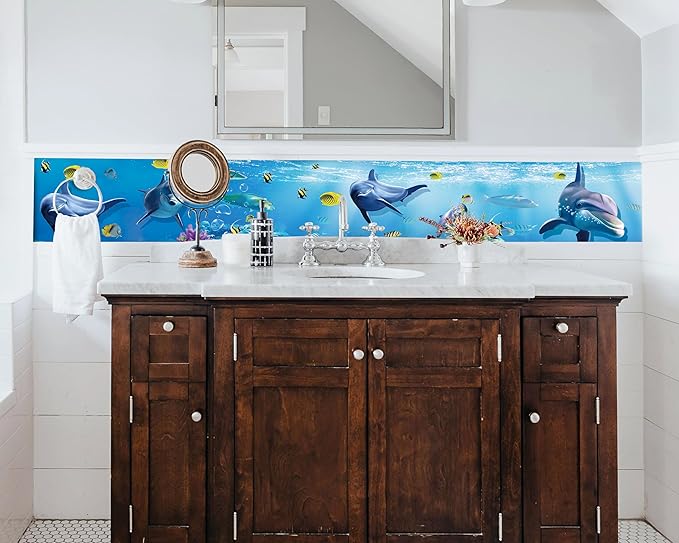 FLFK Peel and Stick Wallpaper Border Wall Decals for Kids Room - Under The Sea Fish Stickers Murals, 10" x 240" (Blue)