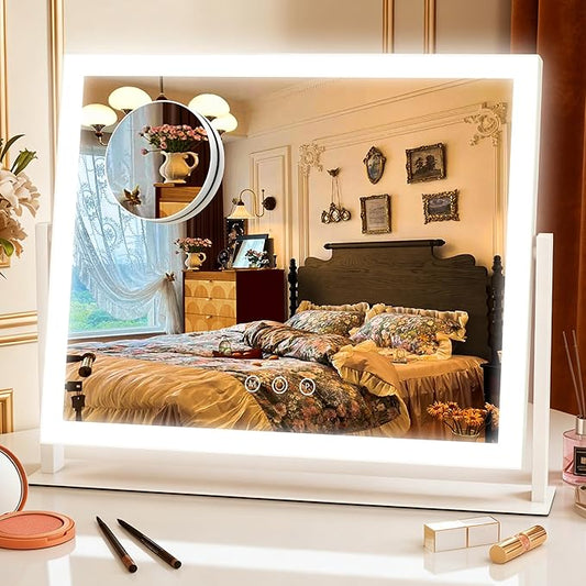 HNV 16.3" Lighted Makeup Mirror with Sleek LED Strip, 360° Rotation Vanity Mirror with Lights, 3 Color Dimmable, 10X Magnification, Smart Touch Control (White)