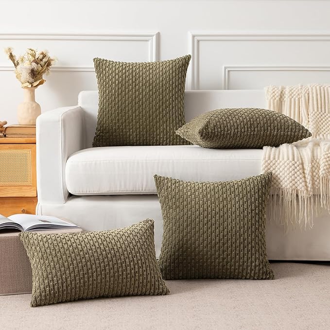 Kevin Textile Pack of 2 Corduroy Decorative Throw Pillow Covers 12x20 Inch Soft Boho Striped Pillow Covers Modern Farmhouse Home Decor for Sofa Living Room Couch Bed Olive Green