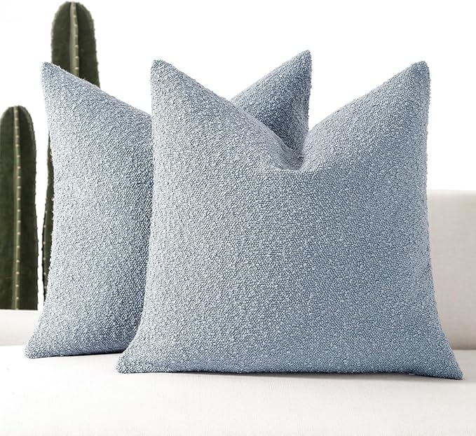 Boucle Decorative Throw Pillow Covers for Couch Set of 2, 20x20 inches, Light Blue