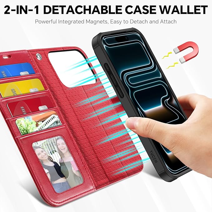 TUCCH Compatible with iPhone 17 Pro (6.3") Detachable Wallet Case with 4 Card Holder, Wireless Charging PU Leather Flip Folio with RFID Blocking Stand Wrist Strap Shockproof Phone Cover 2025, Red