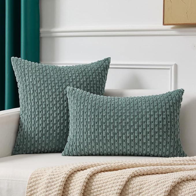 Kevin Textile Decorative Pillow Covers Set of 2 Striped Plush Corduroy Pillows Pillowcases Boho Home Decor Cushion Covers for Couch Sofa Bed Living Room 16x16 Inch, Teal Green