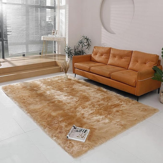 Faux Fur Rug Sheepskin Shag Fluffy Fuzzy Beige 5x7 ft Rugs for Bedroom Bedside Bed Floor Living Room Plush Rectangle High-Density Cushion Carpet Super Sofa Cover