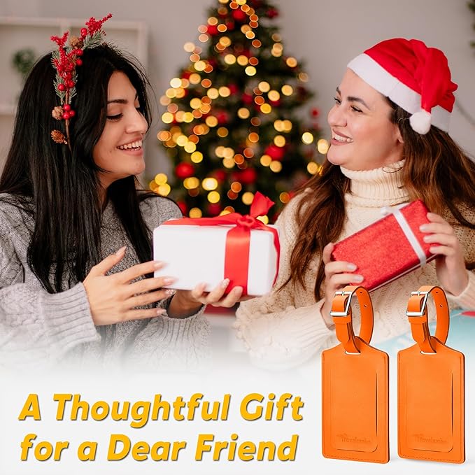 Travelambo 12 Pack Luggage Tags Faux Leather for Suitcases Travel Bag Labels with Protection Cover ID (Orange)