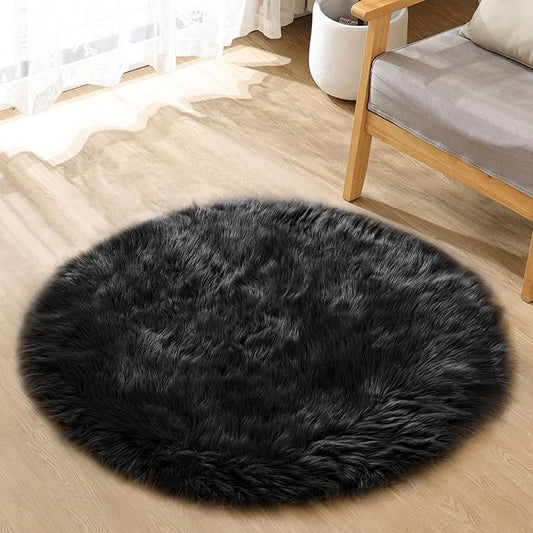 Black Fuzzy Washable Shaggy Area Rugs for Bedroom Small Circle Faux Sheepskin Shag Fur Round Rug 3ft Nursery Rug