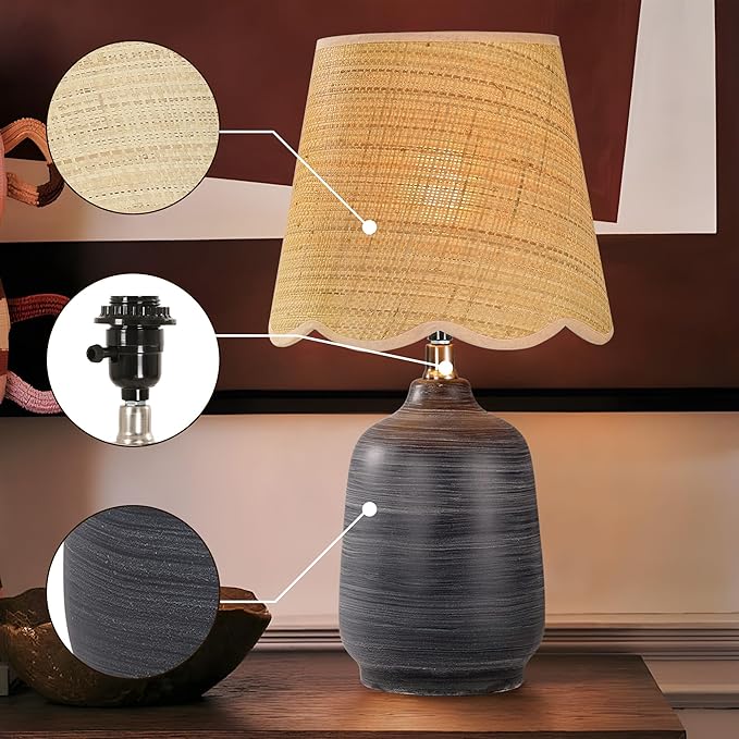 Pia Ricco 19" Modern Ceramic Table Lamp for Living Room Cream Base Desk Lamps for Bedroom Farmhouse Bedside Nightstand Lamp End Table Lamps,White Striped Black Base,Rattan Shade