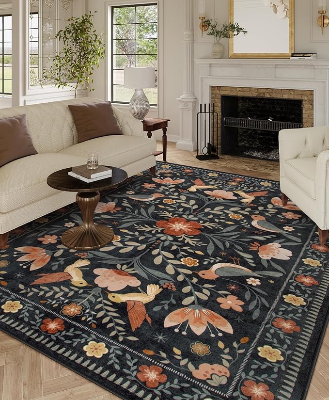 Moynesa Black Washable 8x10 Area Rugs for Living Room Bedroom Dining Room, Modern Transitional Aesthetic Floral Bird Medallion Carpet, Folk Art Home Decor Open Floor Areas Protection Non-Slip