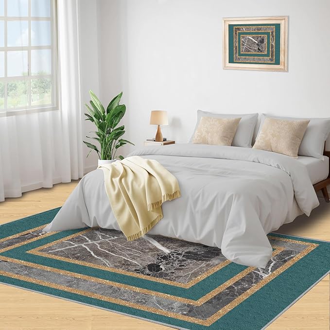 Emerald Green Marble Rug Luxury Teal Marble Area Rug Gilded Geometric Carpet Vintage Stone Crack Carpet for Bedroom Bedside Living Room 8x10ft