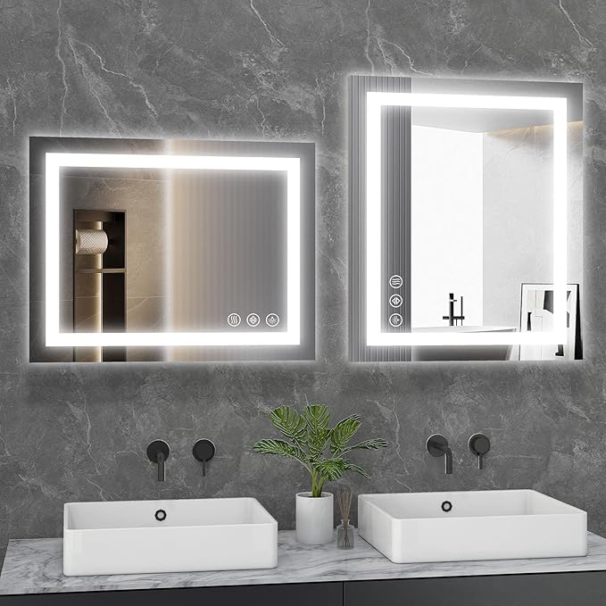 Sweetcrispy 28"x 20" Rectangle LED Bathroom Mirror with Front Light and Backlit, Smart Memory Functionr - Enhanced Anti-Fog Feature, Pure White