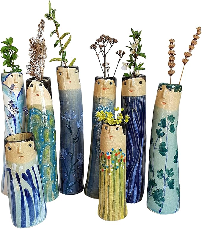 Spring Bud Vases, Bohemian Family Face Vase Boho Cute Home Decor, Character Vase Flower Plant Holder Bathroom Shelf Decor for House Decor Living Room Wedding Centerpieces (C)
