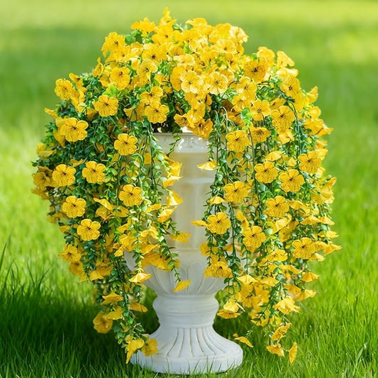 2 PCS Artificial Hanging Fall Flowers for Outdoors Decorations, Yellow Realistic Faux Silk Daisy with Eucalyptus, UV Resistant Fake Mums for Autumn Home Decor Patio Porch Window Box Front Door