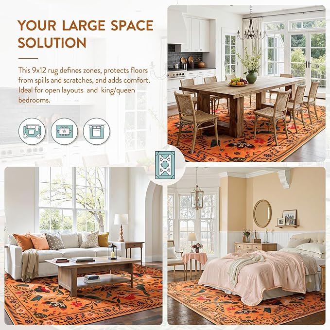 Moynesa Area Rugs 9x12 Fall Home Decor, Bohemian Scandinavian Modern Country Aesthetic Floral Bird Medallion Carpet for for Living Room Bedroom Dining Room,Non-Slip Washable Floor Protection