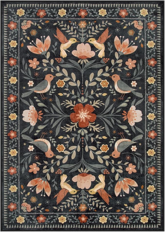 Moynesa 3x5 Entryway Rug Indoor, Modern Transitional Washable Non-Slip Low Pile Black Area Rug for Bedroom Kitchen Entry,Lightweight Foldable Farmhouse Floral Bird Carpet Folk Art Home Decor