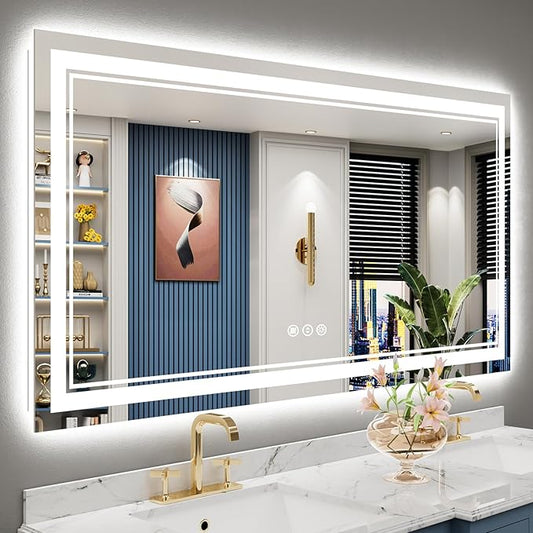 60x28 Inch LED Bathroom Mirror with Lights, Backlit & Front Lit, Anti-Fog Lighted Vanity Mirrors for Bathroom Wall, Dimmable, 3-Color Light, Memory, Shatter-Proof, Tempered Glass, ETL Listed