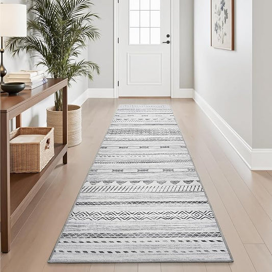 2x10 Runner Rug Machine Washable Non Slip Area Rug Distressed Neutral Moroccan Boho Rug Ultra Soft Floor Runners for Hallways for Entryway Laundry Room Kitchen, Black