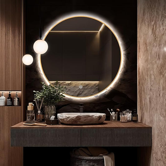28" Round LED Bathroom Mirror, Wall Mounted Round Backlit Mirror LED Bathroom Vanity Mirror with Lights Fog Free Circle Lighted Mirror with Gold Frame
