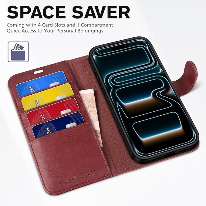TUCCH Case Wallet for iPhone 17 Pro (6.3") 2025, Stand | RFID Blocking | 4 Card Holders | TPU Shockproof Inner Shell | PU Leather | Magnetic Closure Folio Protective Cover | Dark Red