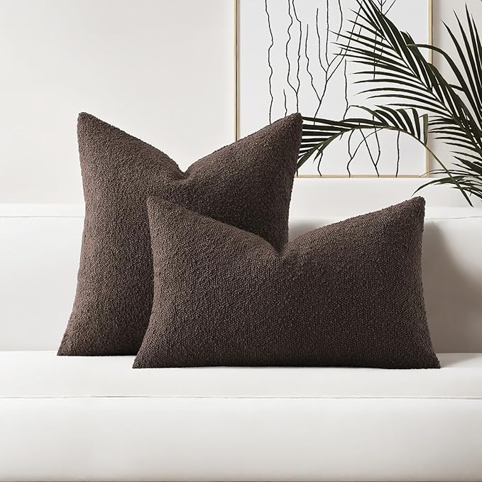 HAUSSY Set of 2 16x16 Decorative Throw Pillow Covers, Soft Cozy Textured Boucle Couch Cases, Home Decor for Couch Bed Living Room, Dark Coffee