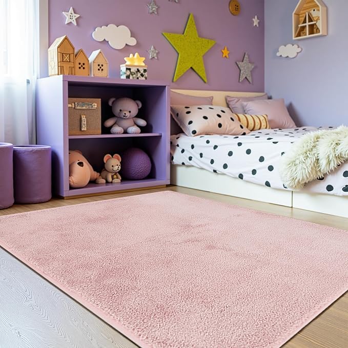 jinchan Solid Plush Area Rug 4x6 Performance Shaggy Washable Rug Indoor Soft Modern Faux Wool Cozy Non Slip Carpet for Living Room Kids Room Bedroom Dining Room Nursery Pink