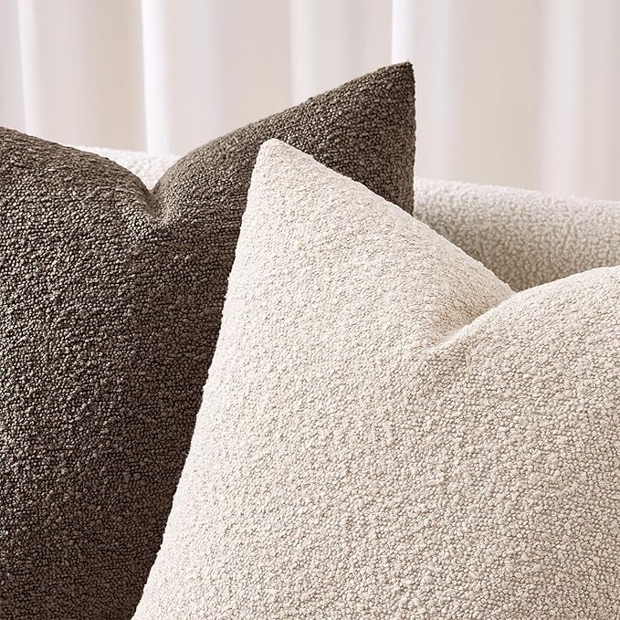 ANRODUO Pack of 2 Textured Boucle Throw Pillow Covers Soft Beige Euro Decorative Accent Solid Pillow Cases Cozy Modern Couch Cushion Case for Chair Sofa Bedroom Living Room Home Decor, 22 x 22 Inch