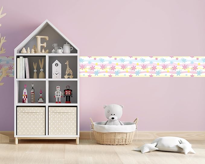 FLFK Wallpaper Border, Rainbow Flowers Peel and Stick Wall Border Self Adhesive Wall Paper Borders for Bedroom Living Room Girl's Room Kitchen Bathroom 10"x240"