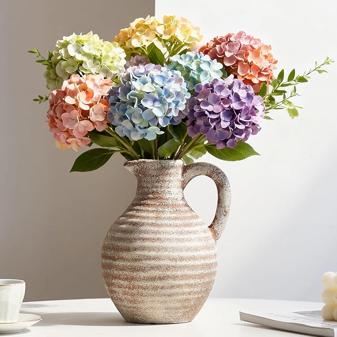 Ceramic Flower Vase Rustic Terracotta Vase with Handles Neutral Clay Pitcher Antique Vase for Home Decor,8 Inch Farmhouse Boho Vases for Living Room,Dining Table,Enterway,Shelf,Fireplace