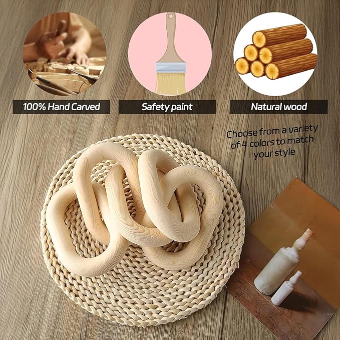 Wood Chain Link Decor, 5-Link Wooden Decorative Chain Ornament, Hand Carved Rustic Farmhouse Home Decor for Living Room, Shelves, Coffee Table (White)