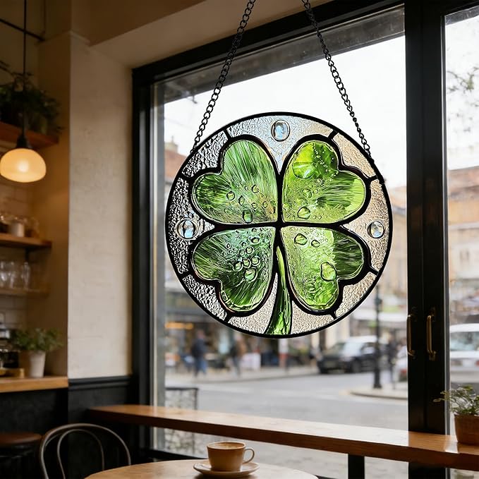 Stained Glass Window Hanging - St. Patrick's Day Green Irish Themed Gifts Sun Catcher Door Home Clover Decor Suncatcher Christmas Mother's Day Birthday Gifts for Women Men Mom Nana 9.8 in