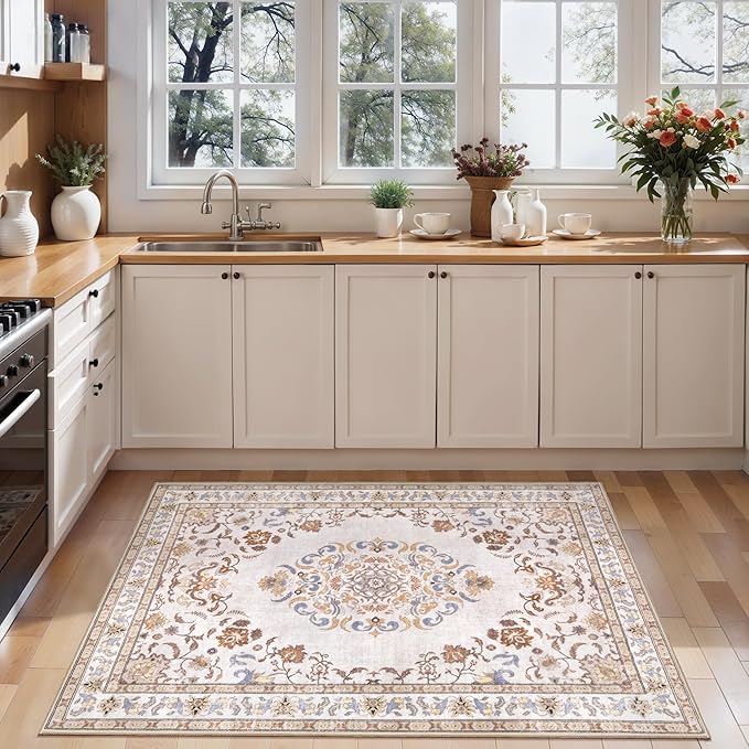 Tangsoo 2x3 Small Rug for Entryway, Washable Area Entry Rugs Non Slip, Neutral Low Pile Soft Area Rugs, Indoor Front Door Boho Throw Rug for Entrance Kitchen Bedroom Bathroom Home Decor
