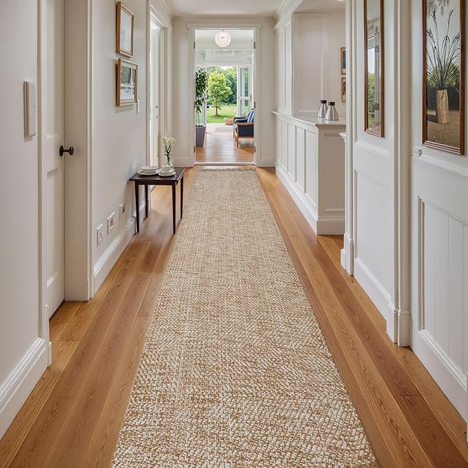 Collive Boho 18 ft Long Runner Rug for Hallway, Washable Kitchen Runner, Cotton Hand-Woven Farmhouse Neutral Carpet Runners, Tan/Cream Low Pile Entryway Floor Runners for Bedroom