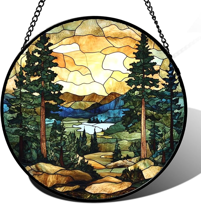 Stained Glass Window Hanging Forest Lake Mountain Sunset Large 15" - Suncatcher Door Garden Sunroom Sun Catcher Home Decor Birthday Christmas for Mom Men Woman Nana Friend