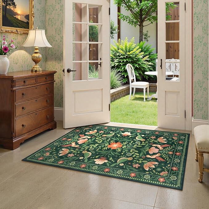 Moynesa 3x5 Kitchen Rug, Modern Cottage Washable Non-Slip Low Pile Area Rug for Bedroom Entryway Entrance Aesthetic,Lightweight Foldable Farmhouse Floral Bird Print Pattern Carpet Retro Home Decor