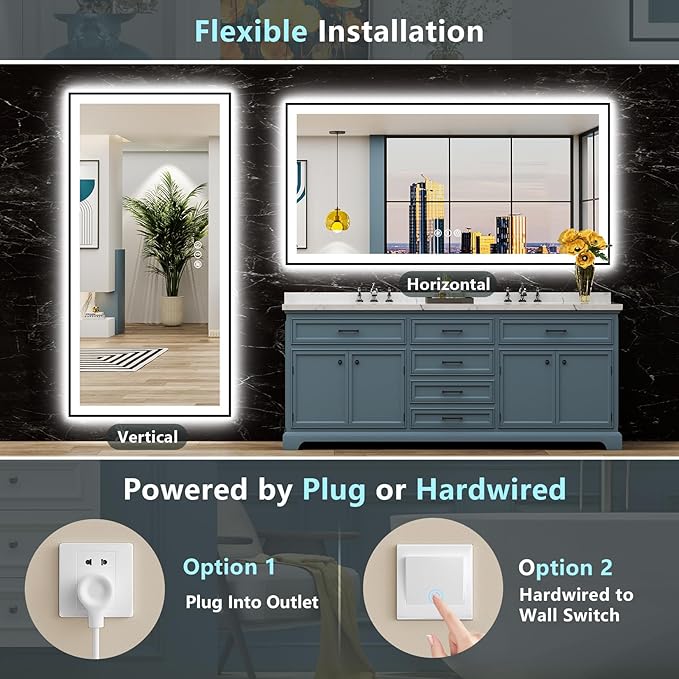 77x36 Black Framed LED Bathroom Mirror with Lights, Backlit and Front Lit, Anti-Fog Lighted Vanity Mirrors for Bathroom Wall, Dimmable, 3-Color Light, Memory, Shatter-Proof, HD Tempered Glass