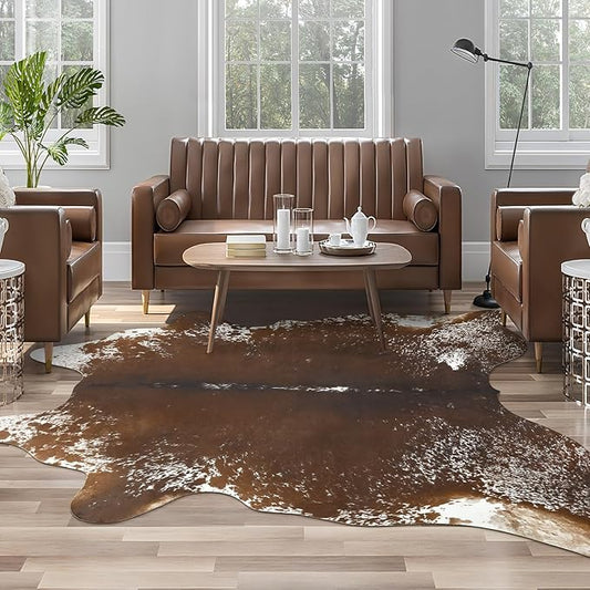 AROGAN Western Decor Faux Fur Cowhide Rug, 6.2x7 Feet Premium Animal Skin Cow Hide Rug, Durable Cow Print Rugs for Wall Decor, Western Floor Carpet for Bedroom Living Room, Spotted Brown