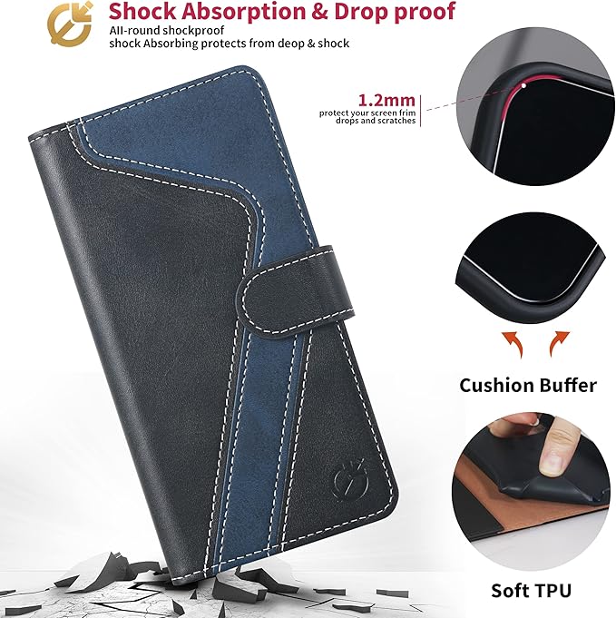 CIVICASE for iPhone 13 Pro Max Wallet Case,Leather Flip Case [RFID Blocking] Credit Card Holder Folio Magnetic Stand TPU Shockproof Cover Color Matching for iPhone 13 Pro Max (6.7") Black Blue