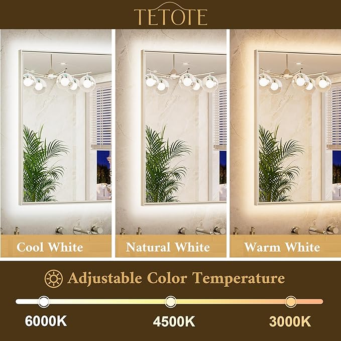 TETOTE 24 x 36 Backlit Bathroom Mirror Brushed Nickel Metal Frame LED Light Vanity 3-Color White/Warm/Natural Stepless Dimmable Anti-Fog Backlight Mirror Wall-Mounted