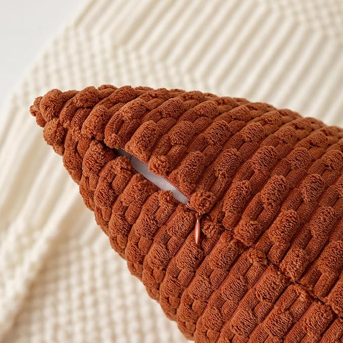 Kevin Textile Fall Throw Pillow Covers Soft Corduroy Decorative Set of 2 Boho Striped Pillow Covers Pillowcases Farmhouse Home Decor for Couch Bed Sofa Living Room 12x20 Inch Rust Brown