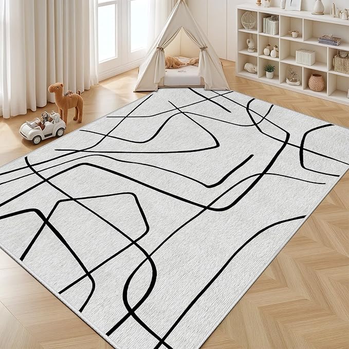Black and White Rug - Abstract Area Rug, Black and White Rugs for Living Room, Modern Minimalist Washable Rugs, Contemporary Carpet Non Slip Home Decor, Curve 3x5