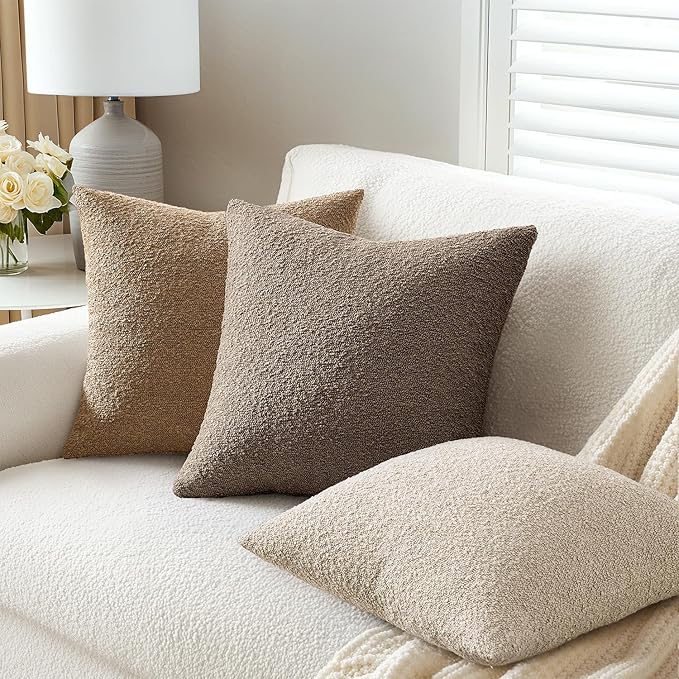 ANRODUO Pack of 2 Textured Boucle Throw Pillow Covers Soft Brown Euro Decorative Accent Solid Pillow Cases Cozy Modern Couch Cushion Case for Chair Sofa Bedroom Living Room Home Decor, 22 x 22 Inch