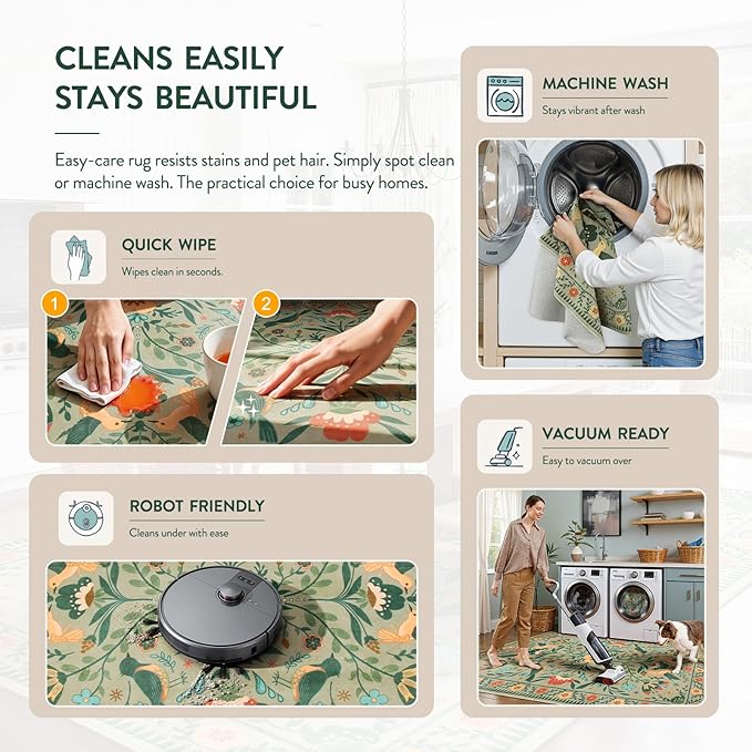 Moynesa Area Rugs 9x12 Green Aesthetic Home Decor, Modern Farmhouse Country Floral Bird Print Pattern Medallion Carpet for Living Room Bedroom Dining Room,Non-Slip Washable Floor Protection