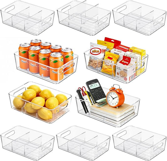 Mpotmiy 10 Pack Pantry Organizers and Storage,Clear Plastic Containers with 2 Dividers for Kitchen,Fridge Organization and Storage,Acrylic Bins for Pounches,Spice Packet,Snack organzier