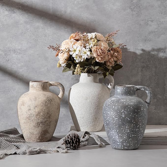 Ceramic Decorative Flower Vase with Handle, 8.85 Inch Black Pottery Rustic Farmhouse Vase for Home Decor, Living Room, Shelf Decor, Wedding, Housewarming Gift